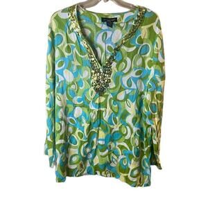 Saint Tropez West Linen Blend Long Sleeve Tunic Sequin VNeck Tunic Blouse 2X